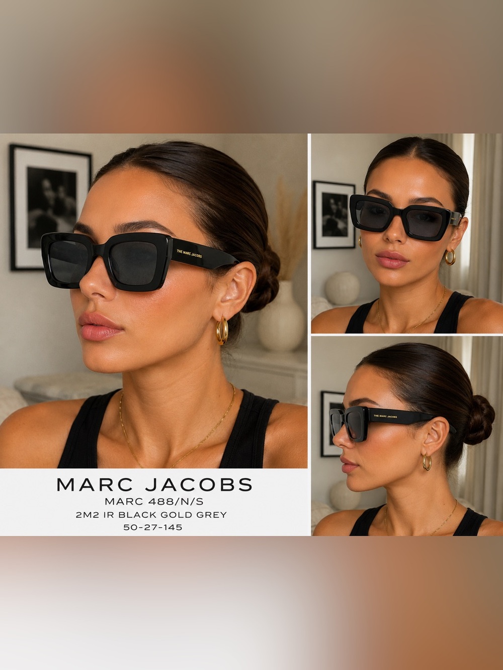 Marc Jacobs MARC 488/N/S Oversized Black Gold Sunglasses NWT Case
